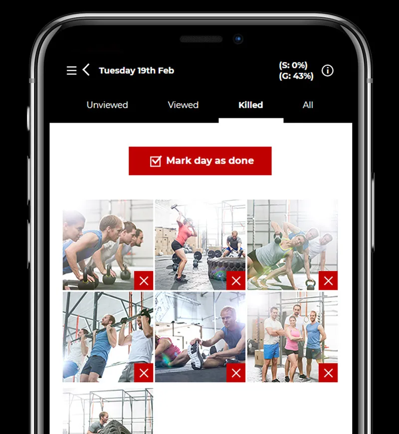 A grid list view of killed images, each with a red X kill icon to show their status A grid list view of killed images, each with a red X kill icon to show their status