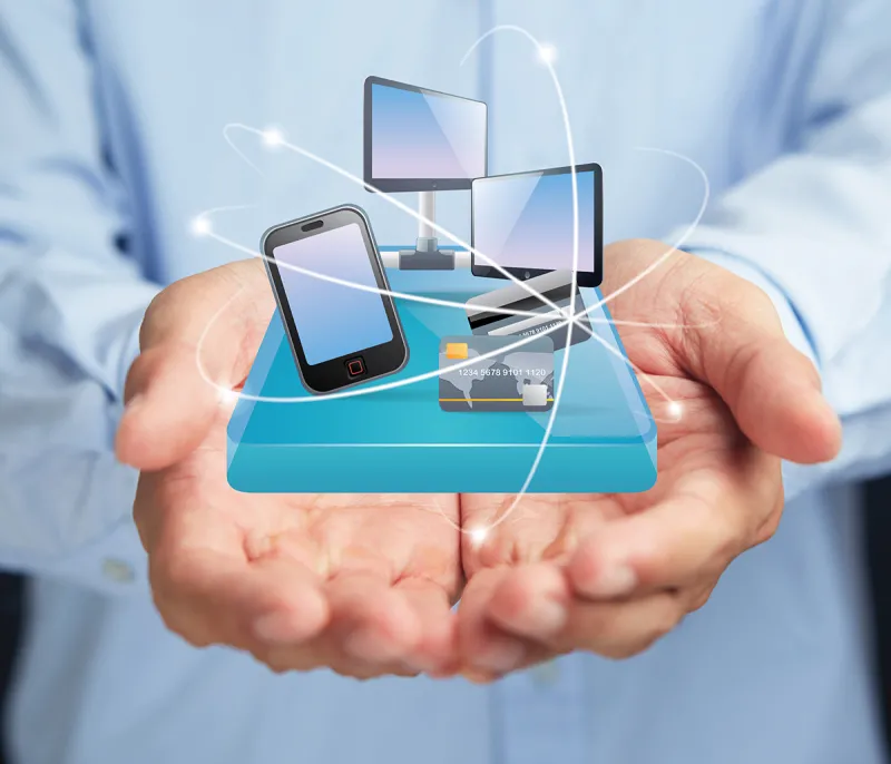 Various different devices in the palm of someones hands.