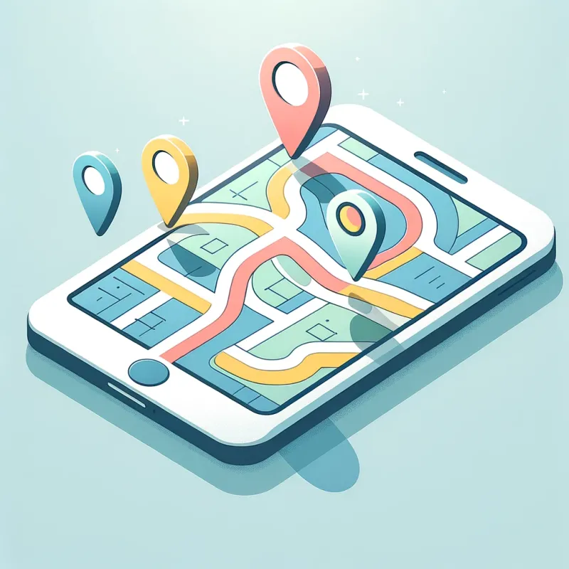 a flat design thumbnail for a tech company's location monitoring and mapping service. The image should feature a simplified map background with gentle curves representing roads or paths. On this map, place a few bright, pastel-colored custom map pins to indicate specific locations. Include a smartphone or tablet displaying the map, to show real-time geolocation features.   a flat design thumbnail for a tech company's location monitoring and mapping service. The image should feature a simplified map background with gentle curves representing roads or paths. On this map, place a few bright, pastel-colored custom map pins to indicate specific locations. Include a smartphone or tablet displaying the map, to show real-time geolocation features.