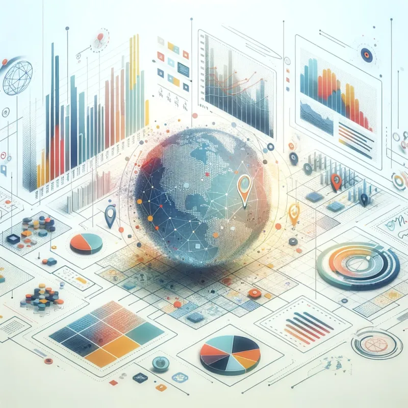dynamic data visualization and analytics service, focusing on the integration of geolocation and complex datasets. The image should feature an abstract representation of a digital map overlaid with various types of data visualizations, such as charts, graphs, or heatmaps, to indicate real-time analysis and insights. dynamic data visualization and analytics service, focusing on the integration of geolocation and complex datasets. The image should feature an abstract representation of a digital map overlaid with various types of data visualizations, such as charts, graphs, or heatmaps, to indicate real-time analysis and insights.