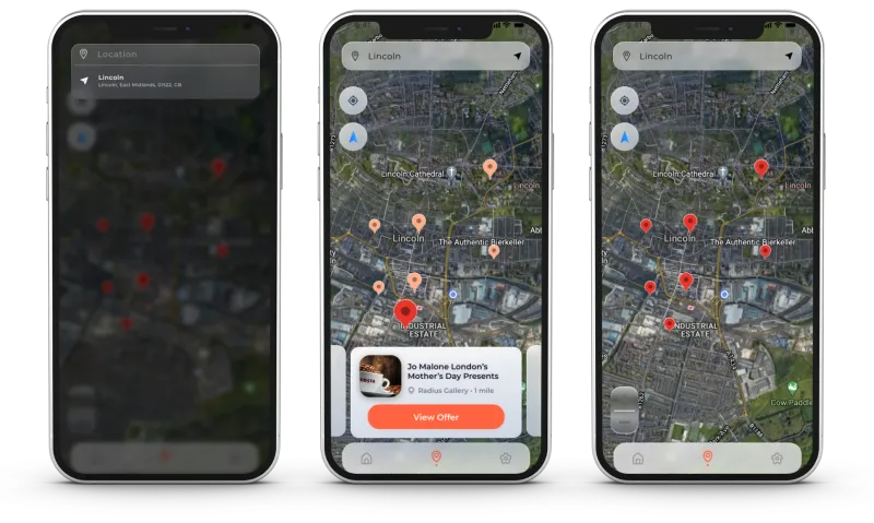 Location selector image, map with offers represented as pins, and view offer carousel in map Location selector image, map with offers represented as pins, and view offer carousel in map