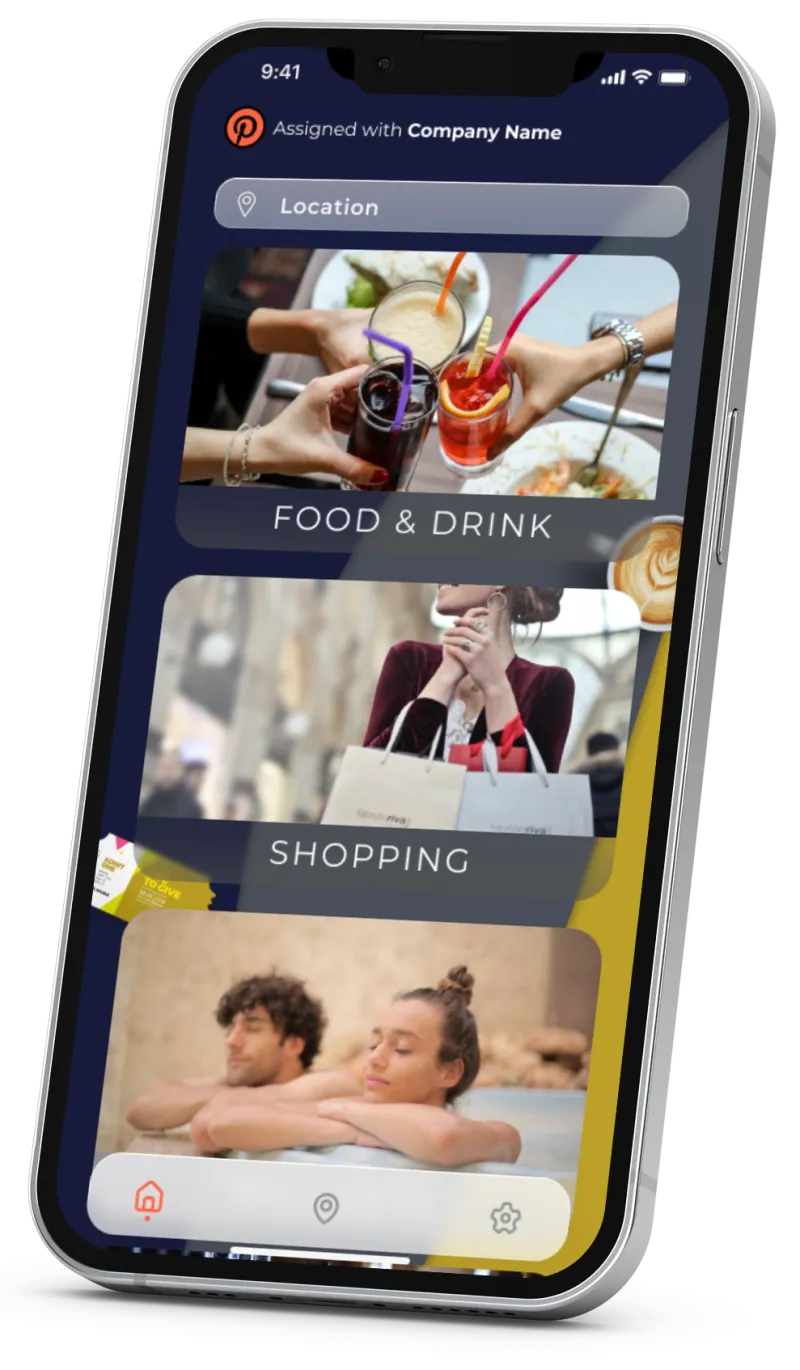Screen showing available offer categories in the app with navigation menu at the bottom Screen showing available offer categories in the app with navigation menu at the bottom