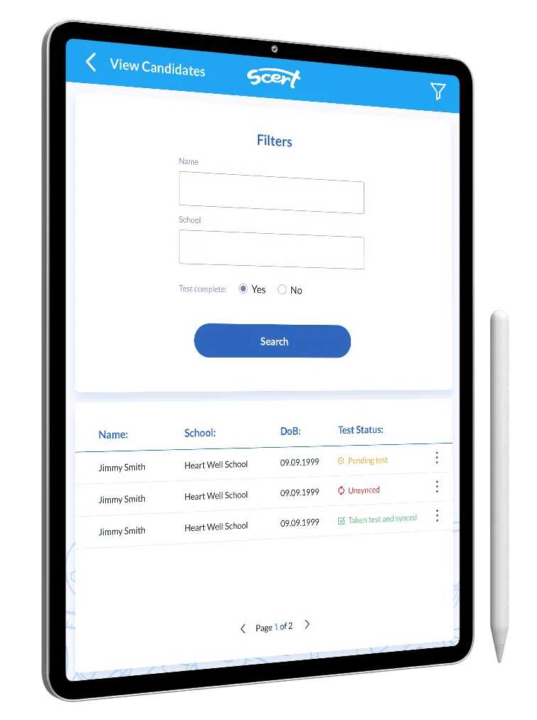 Test result page with filter modal Test result page with filter modal