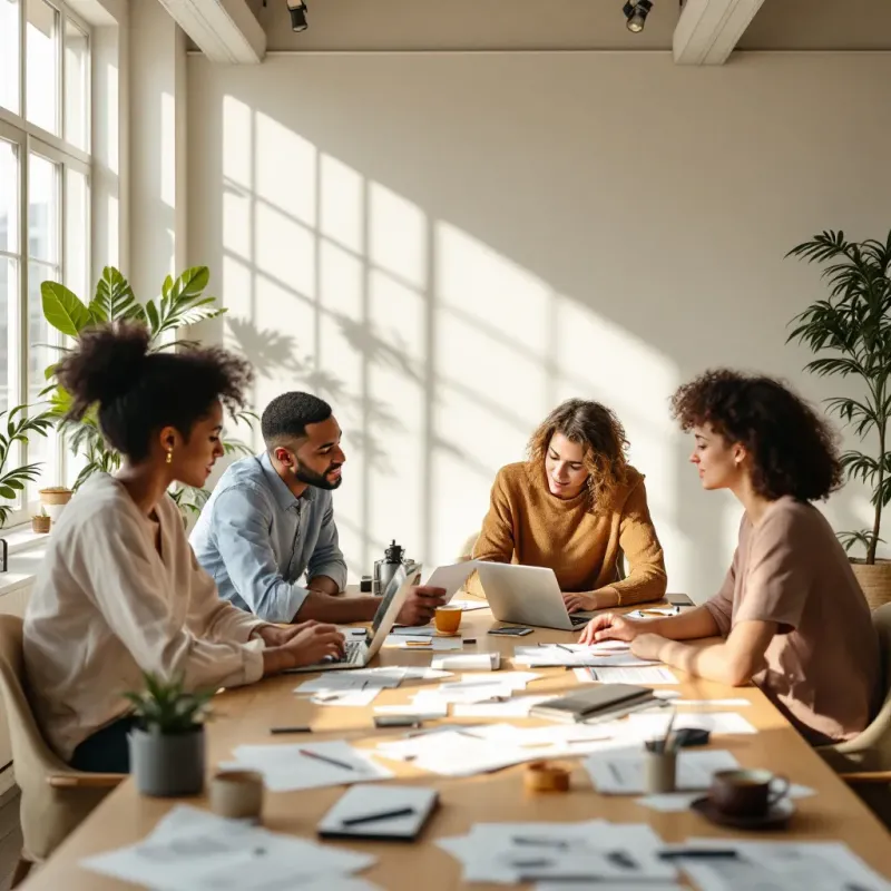 4 professionals in an office boardroom engaging in a workshop 4 professionals in an office boardroom engaging in a workshop