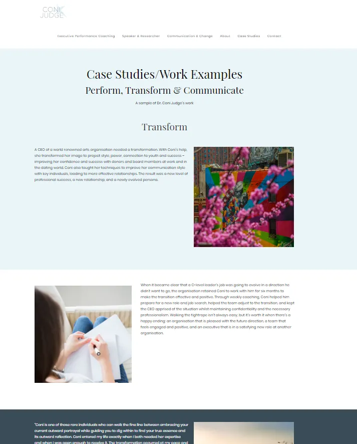 A screengrab of the case studies section of the Coni Judge website showcasing the design A screengrab of the case studies section of the Coni Judge website showcasing the design