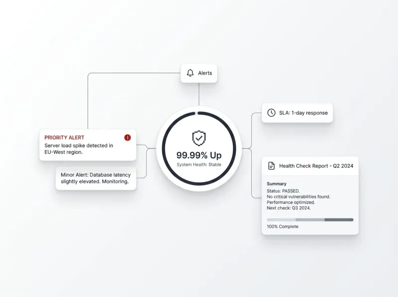 Concept UI showing monitoring, alerts, SLA status and a health-check report