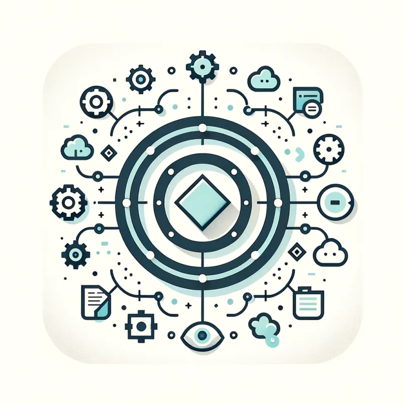 a minimalist and modern thumbnail representing the concept of process-motivated web applications. The central focus is a simplified geometric central hub icon, such as a rounded square or circle, symbolizing the unified platform. Emanating from this central hub are clean, gently curving lines or arrows, connecting to various small, simple geometric icons around the edges, such as a gear for settings, a cloud for cloud services, and a document for data or files, representing diverse integrated systems.