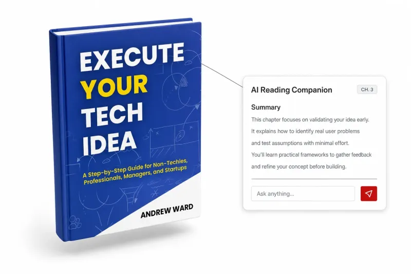 An open book with a red bookmark beside an AI summary chat bubble.