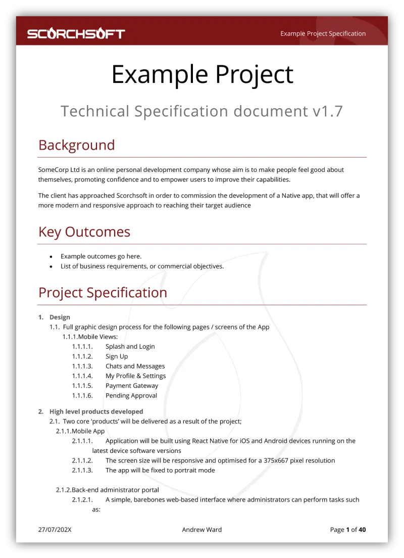 Example image outlining the key areas covered in Scorchsoft technical specification Example image outlining the key areas covered in Scorchsoft technical specification