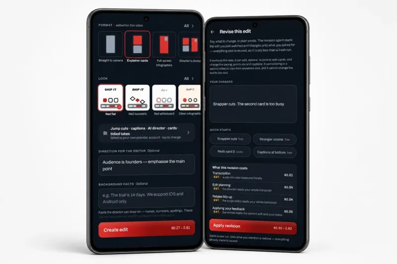 Two Android phones side by side: the SpeakCut edit brief with format and look tiles and a direction box, and the revision screen listing the cost of each stage.