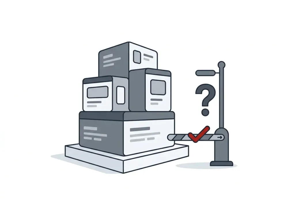 A stack of software building blocks on a plinth being examined at a checkpoint gate, with a question mark and a red tick — deciding whether an app is safe to build on