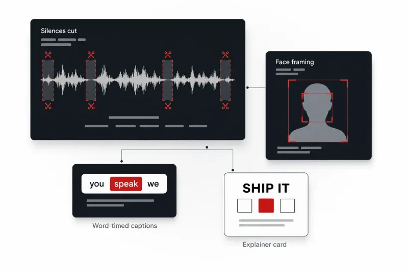Concept diagram of the SpeakCut editing engine: a waveform with silent segments cut out, a face-tracking frame with a punch-in crop, a word-timed caption pill, and a generated explainer card.