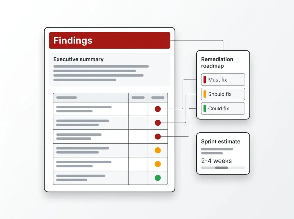 A grid of eight review-area cards: code structure, architecture, security, data and compliance, testing, deployment, functionality and supportability