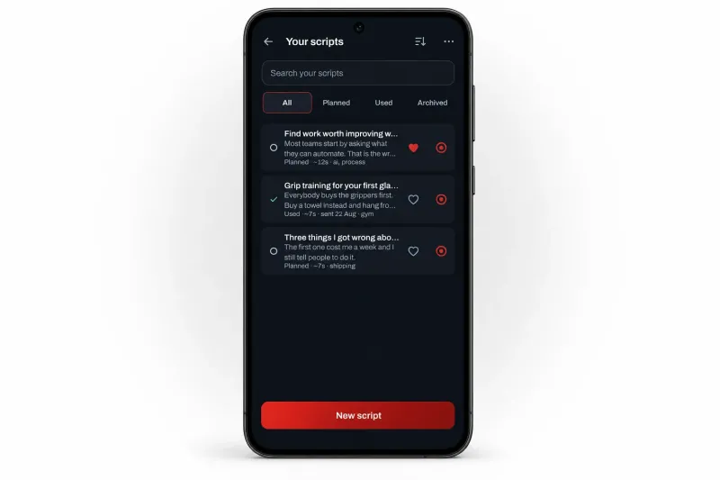 A single Android phone showing the SpeakCut script queue, with planned and used scripts, reading-time estimates and tags.