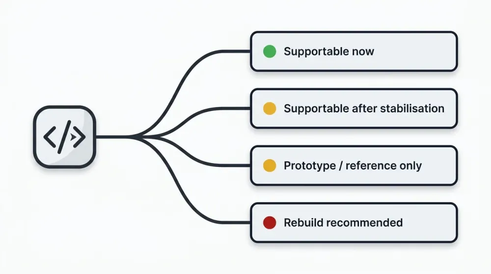 Four outcome routes from a codebase: supportable now (green), supportable after stabilisation (amber), prototype or reference only (amber), and rebuild recommended (red)