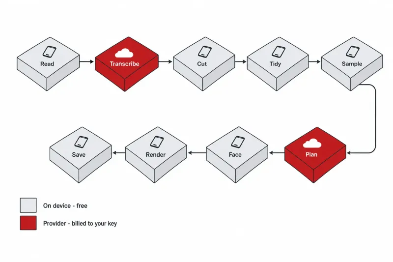 Isometric diagram of the SpeakCut pipeline: nine stages, with seven running on the device for free and two — transcription and edit planning — billed to the user's own AI provider key.