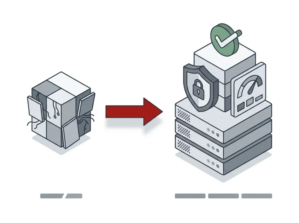 An isometric diagram of a fragile prototype transforming into a solid production system with security, monitoring and a readiness checkmark