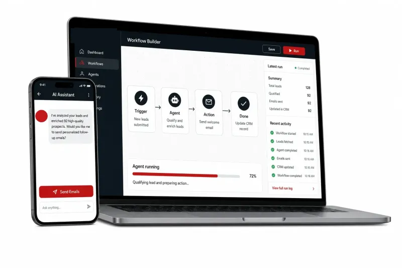 A laptop and phone showing an AI workflow builder with a trigger-to-action pipeline and run log