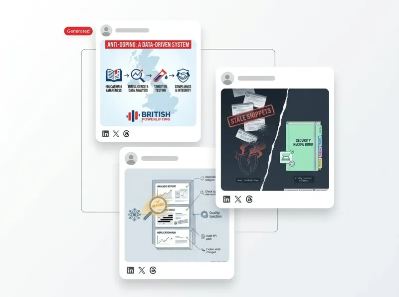 Three social posts, each with its own AI-generated on-brand graphic