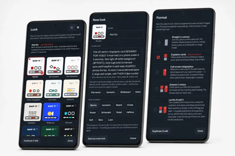 Three Android phones in a flat-lay showing SpeakCut's sixteen card looks, the look editor with the editable image-model brief, and the five output formats.