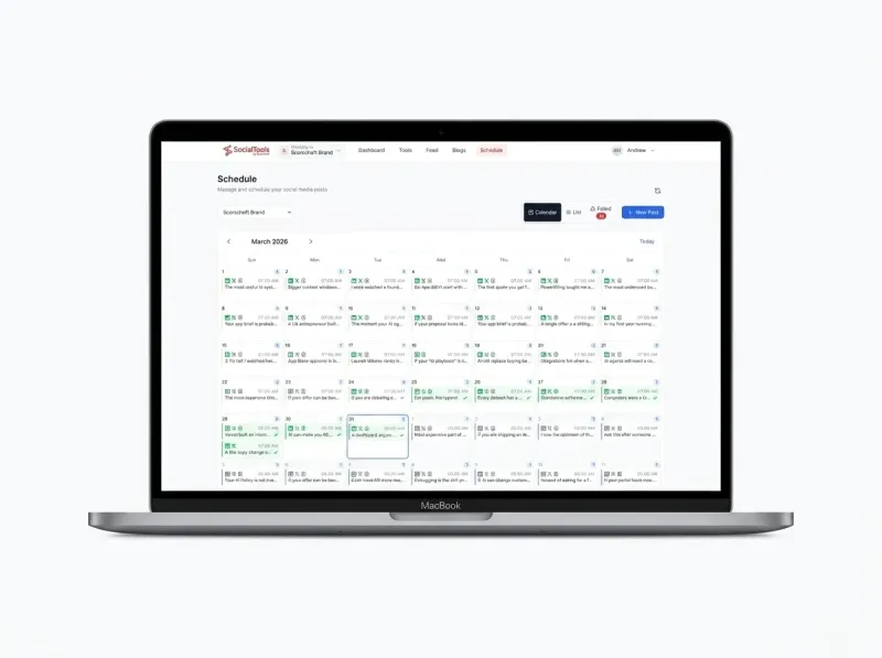 A month-view content calendar full of scheduled posts on a MacBook
