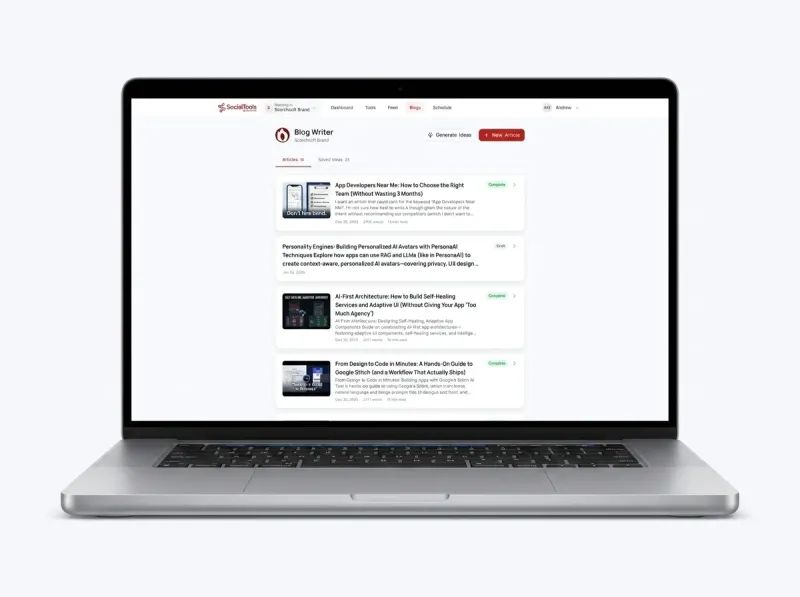 The SocialTools blog writer listing AI-generated articles on a MacBook