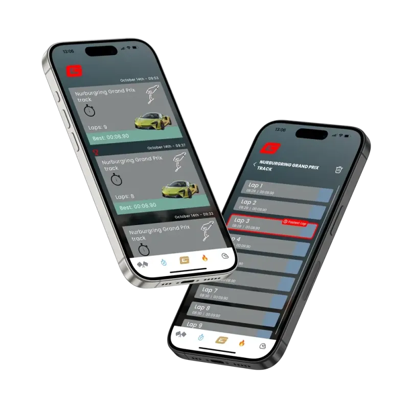 2 iPhones displaying laps tracked in a racing app 2 iPhones displaying laps tracked in a racing app