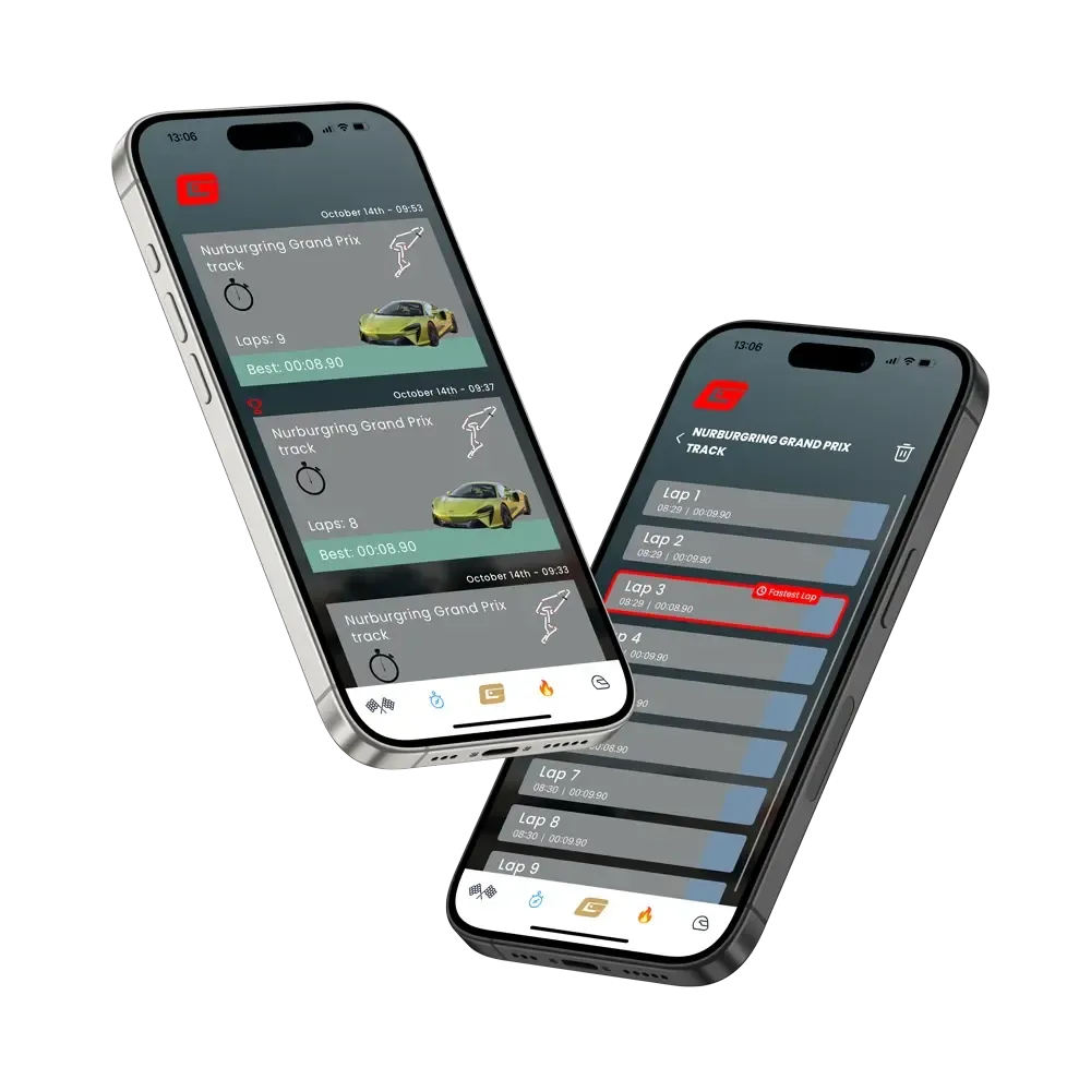 2 iPhones displaying laps tracked in a racing app 2 iPhones displaying laps tracked in a racing app