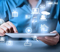 tablet with different icons floating around