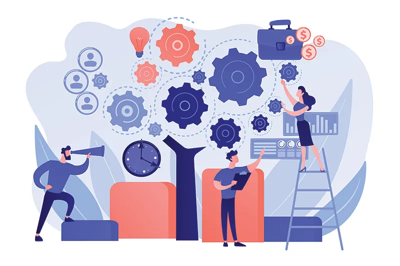 cartoon showing standardisation of processes with people and cogs cartoon showing standardisation of processes with people and cogs