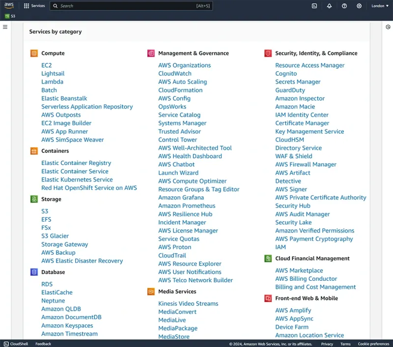 a screenshot of the list of Amazon Web Services