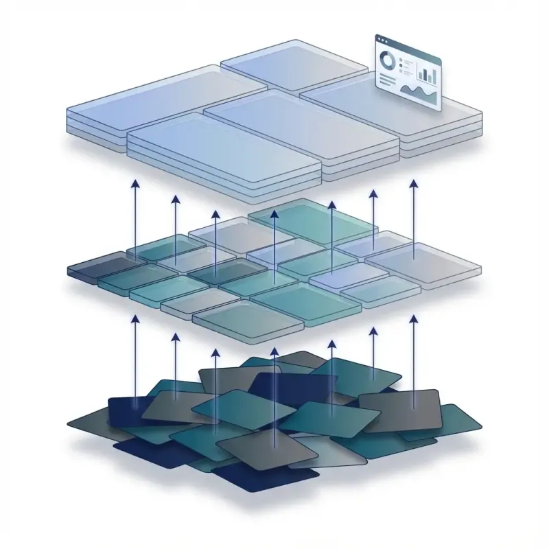 Three-tier layered blocks labelled only by colour (no text), with arrows showing transformation from messy blocks to clean stacked datasets; professional vector illustration, white background, subtle gradients
