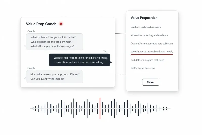 A microphone and waveform suggest a real-time AI voice coaching session.