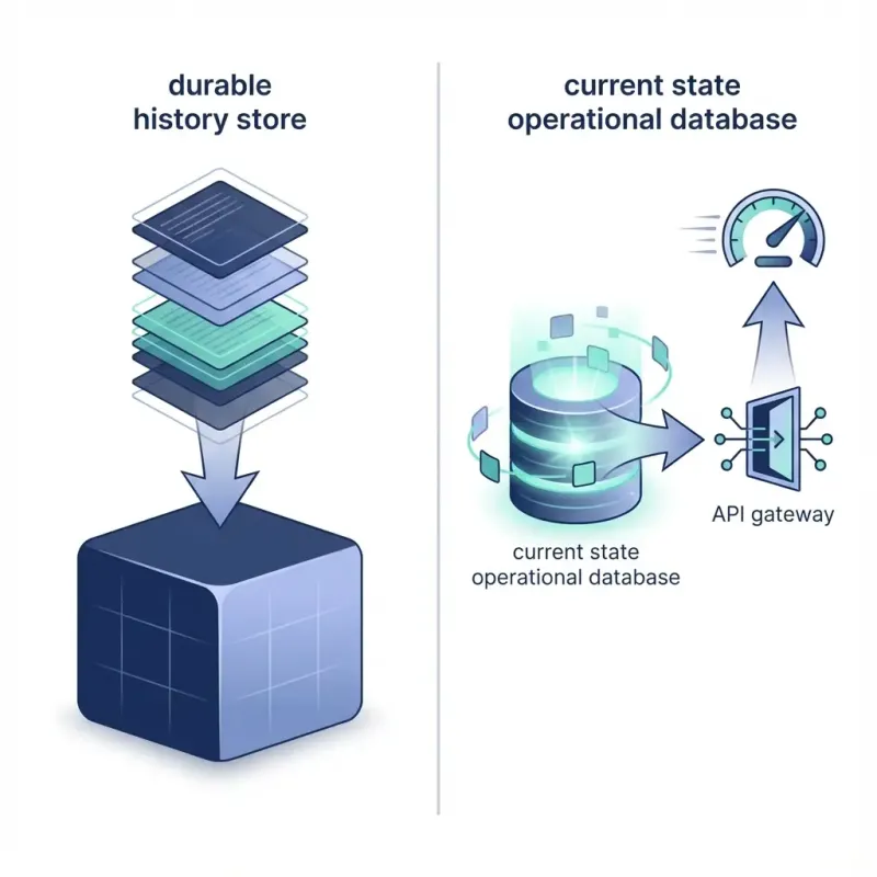 A split scene: left side shows a “durable history store” as layered archived data tiles flowing into a storage reservoir; right side shows a “current state operational database” as a fast database cylinder connected to an API gateway and a low-latency speed icon; a thin divider line between the two halves; simple arrows indicating different purposes.