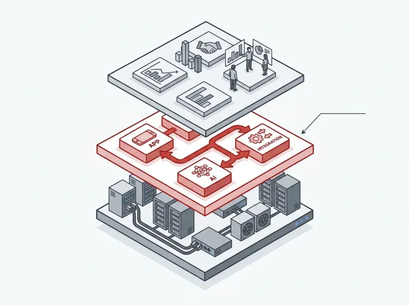 Diagram showing the AI automation layer connecting business systems and infrastructure