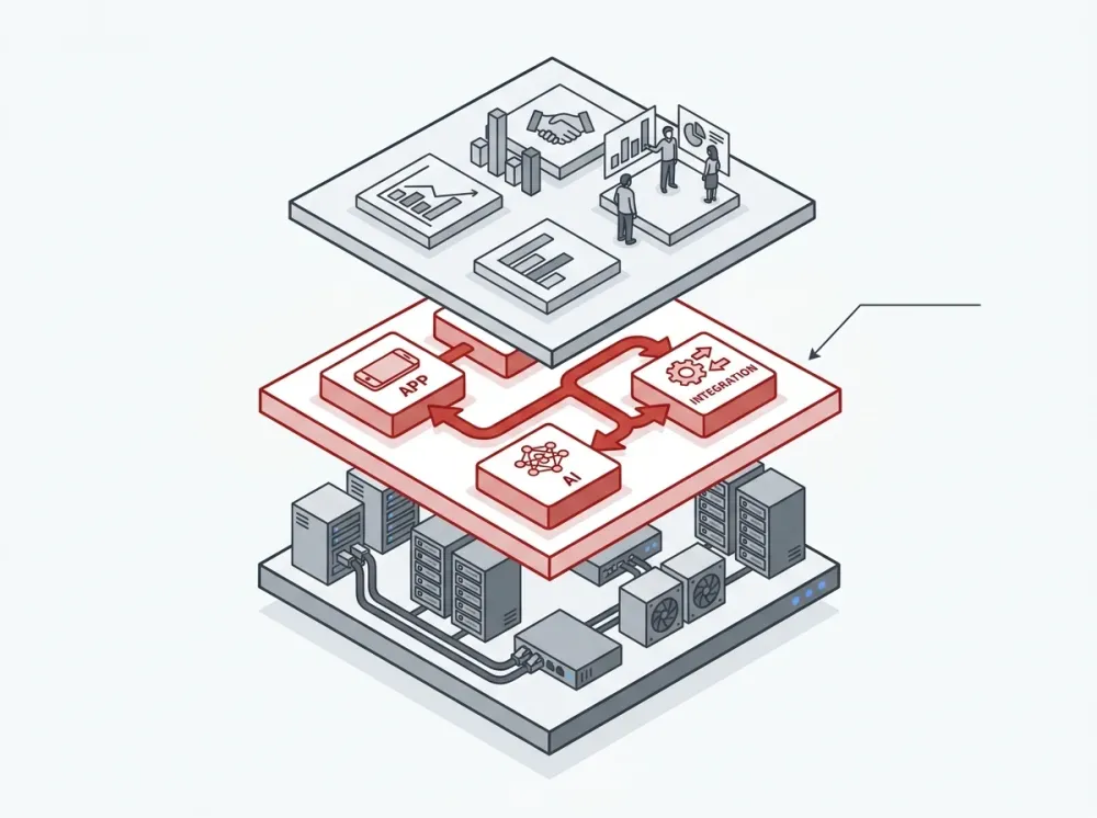 Diagram showing the AI application layer connecting business systems and infrastructure