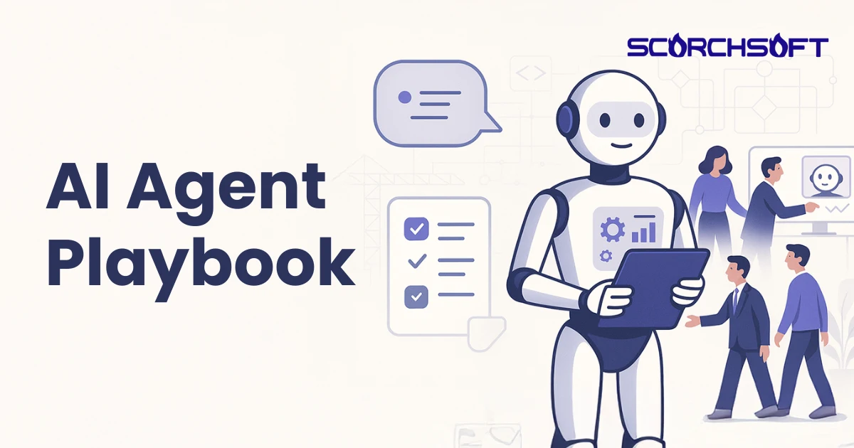 Flat-style illustration of a friendly AI robot interacting with a business team in a futuristic workspace, surrounded by digital panels representing tools, data, planning, and APIs. The image conveys the concept of AI agents actively collaborating with humans to automate tasks and drive business value.