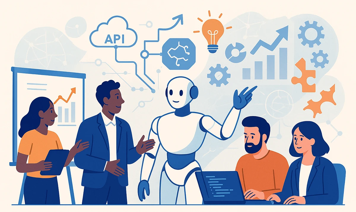 Flat-style digital illustration depicting four humans and four AI agents collaborating around a glowing table in a modern workspace. The humans are shown pointing, analysing, and interacting with data visualisations, while the AI agents — humanoid in form but with translucent or glowing features — contribute by projecting holograms, manipulating code, and assisting in task workflows. The scene conveys harmony, augmentation, and the real-time integration of AI into business operations, symbolising that the future of work with AI agents is already underway.