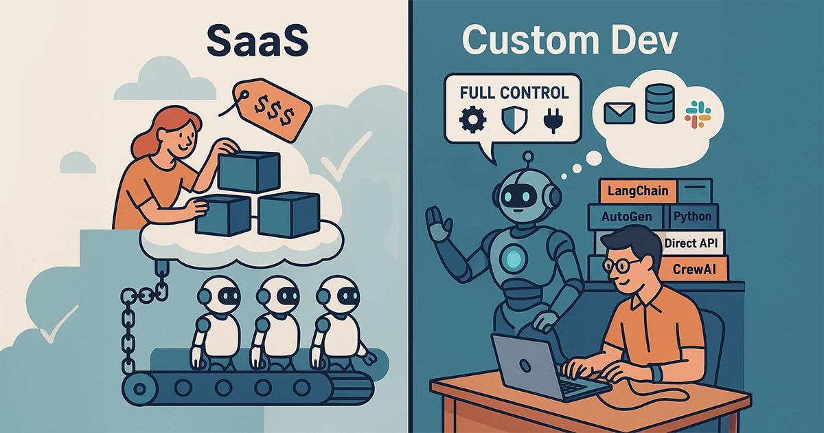 A flat-style digital illustration compares SaaS and custom development for AI agents. On the left, a user interacts with a simplified SaaS dashboard behind a paywall, showing limited tools and integrations. On the right, developers work with flexible code and APIs on a fully custom stack, surrounded by symbols of performance, security, and multi-model flexibility. The custom side appears more dynamic and open, while the SaaS side is convenient but restricted.