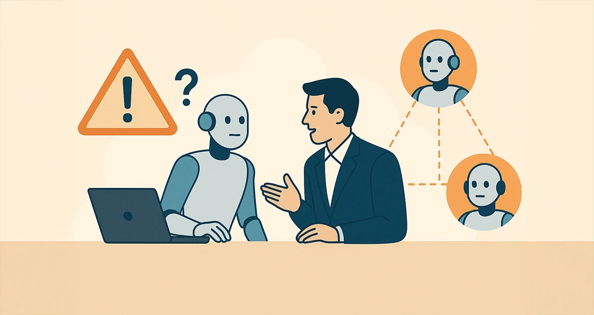 Minimalist illustration showing a robot and a human seated at a desk in conversation, with a warning symbol and question mark above the robot to represent AI limitations. To the right, three interconnected robots highlight the concept of federated agent networks and future collaboration