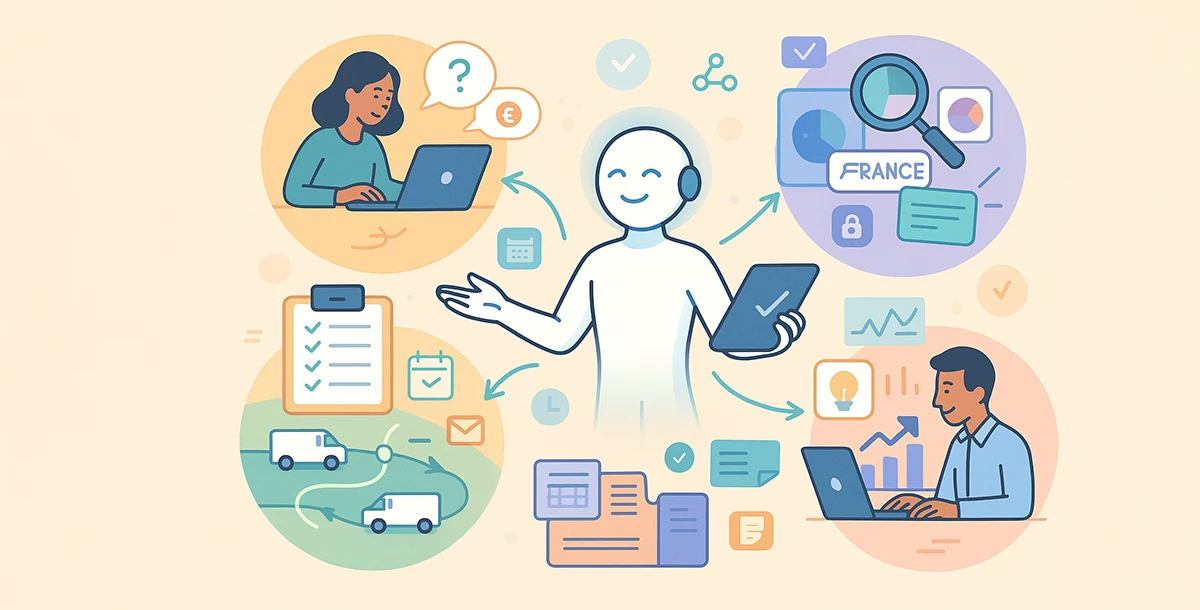 Friendly AI assistant coordinating five business tasks: customer support, admin automation, data aggregation, self-service analytics, and dynamic logistics, illustrated in a warm flat-style with colourful circular scenes around a central humanoid figure holding a tablet.
