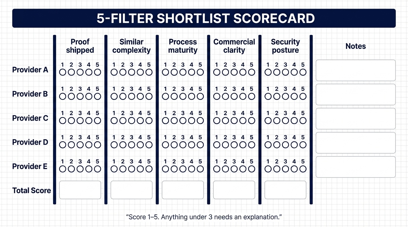 A high-contrast scorecard displays a clean table with a white background, featuring subtle light-grey grid lines and a navy header. The table includes columns labeled for different evaluation criteria: Proof shipped, Similar complexity, Process maturity, Commercial clarity, Security posture, and Notes, with rows for five providers labeled A through E, each containing small empty circles for scoring from 1 to 5. At the bottom, a concise instruction states, "Score 1-5. Anything under 3 needs an explanation." The design embodies a modern, minimal aesthetic suitable for SaaS and consulting contexts.