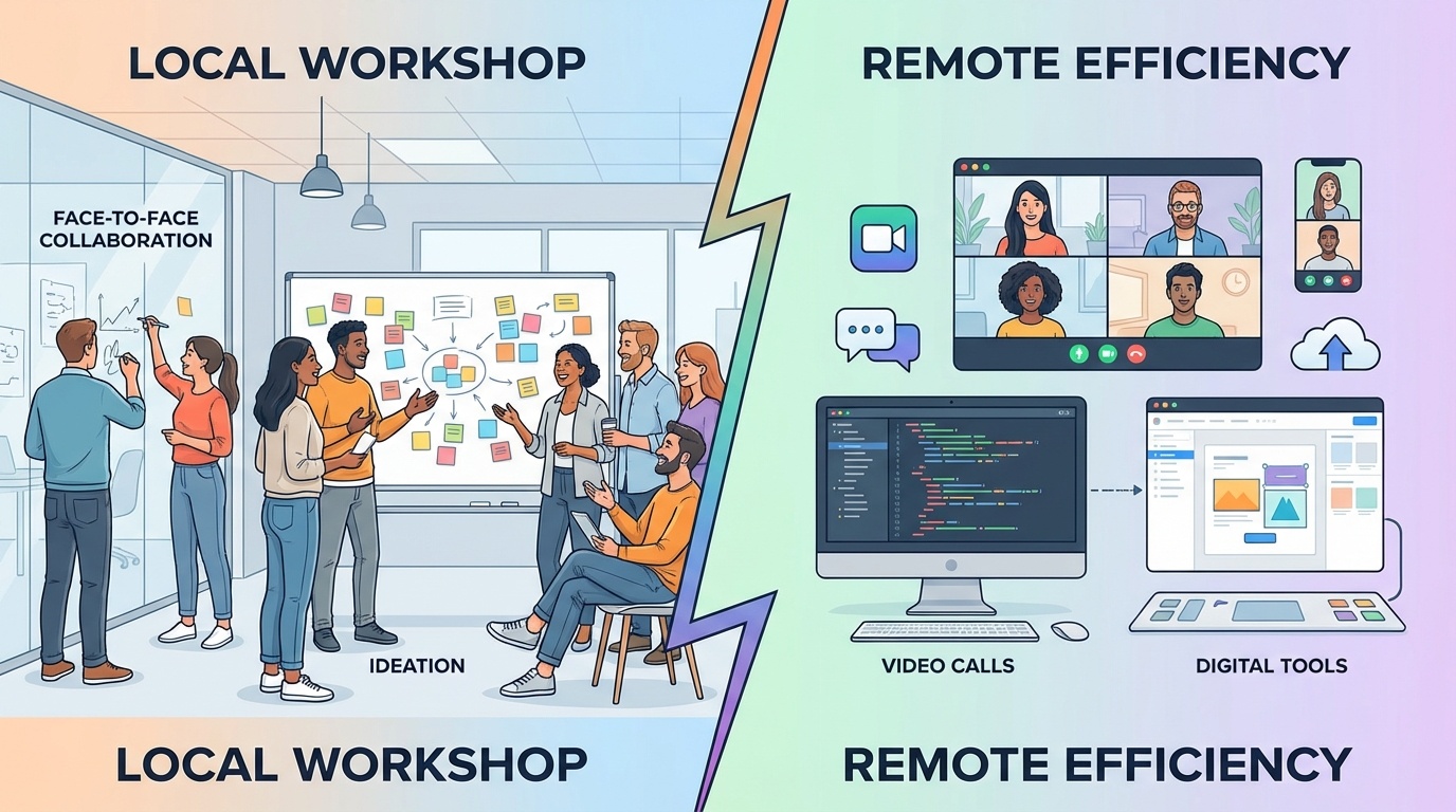A split scene comparing an in-person discovery workshop with remote collaboration, highlighting that alignment and cadence matter more than geography.