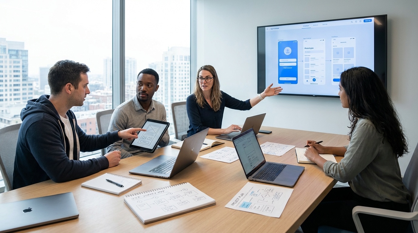 A modern workspace where app developers collaborate around a laptop and whiteboard, discussing product decisions and next steps.