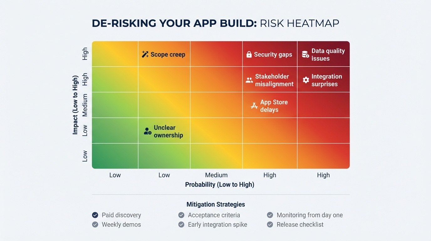 A risk heatmap matrix is displayed, featuring a 5x5 grid with the x-axis labeled "Probability" (Low to High) and the y-axis labeled "Impact" (Low to High). A gradient from green to red indicates varying levels of risk; items like "Scope creep" and "Security gaps" are positioned in higher-risk cells, while "Data quality issues" is lower. Mitigation strategies such as "Paid discovery" and "Weekly demos" are noted beside the grid, all presented in a professional, minimalist style with navy and grey typography.