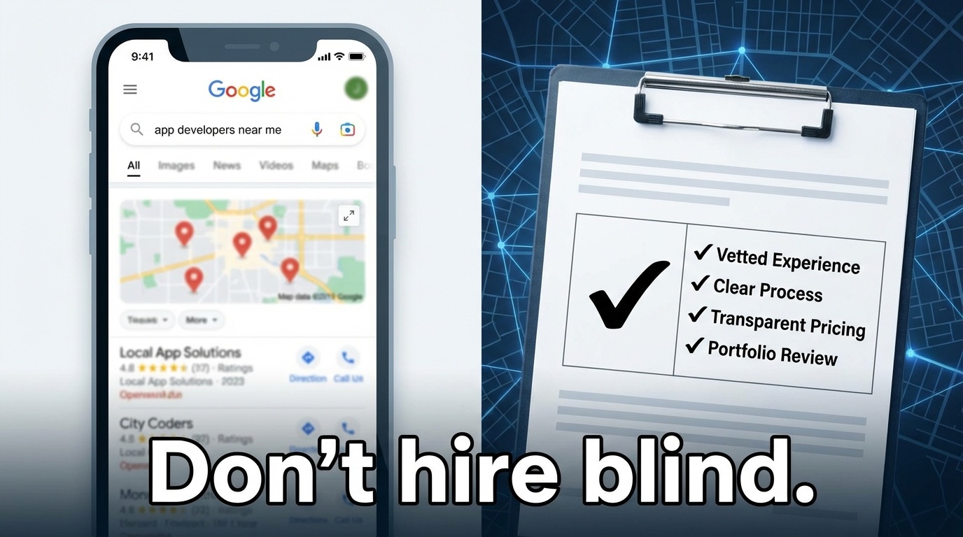 A split screen features a blurred smartphone displaying Google search results for "app developers near me" on the left, while the right side shows a clipboard with a checklist and a prominently ticked scorecard. The background includes subtle city map grid lines, enhancing the modern tech aesthetic. Bold text overlay reads, "Don't hire blind," emphasizing the importance of careful selection in hiring app developers.