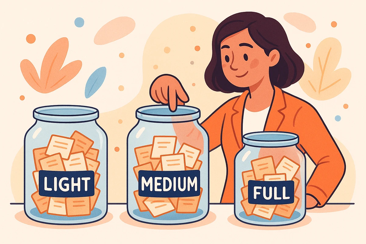 Cartoon of a scale with three weights labelled 'Light', 'Medium', 'Full' with a manager adjusting them.