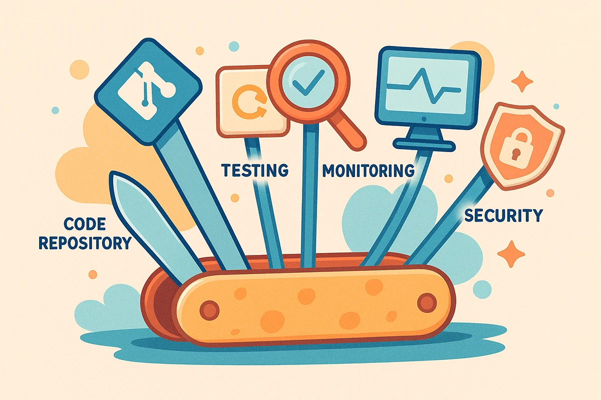 Cartoon of a toolbox filled with digital tools like Git repositories, CI/CD pipelines, logs and security icons.
