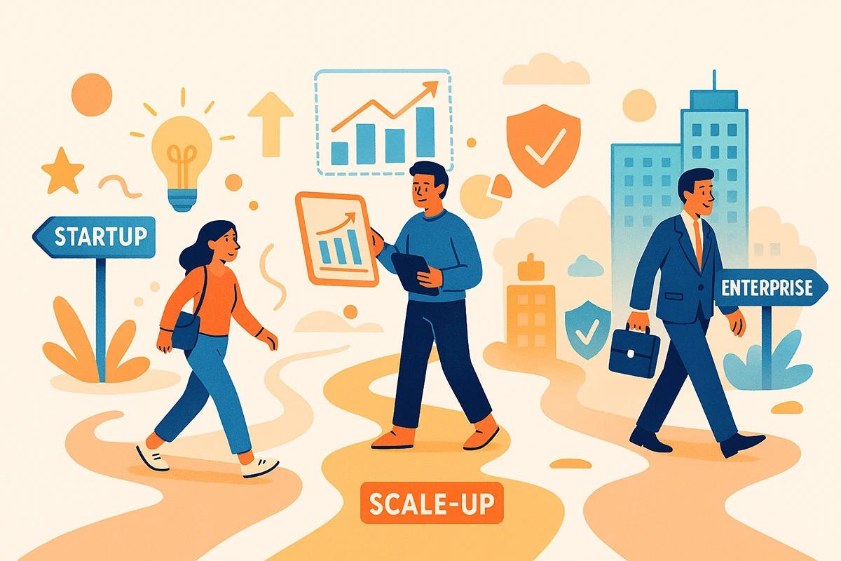 Cartoon triptych showing startup, scale-up and enterprise rescue scenarios with characters and icons.