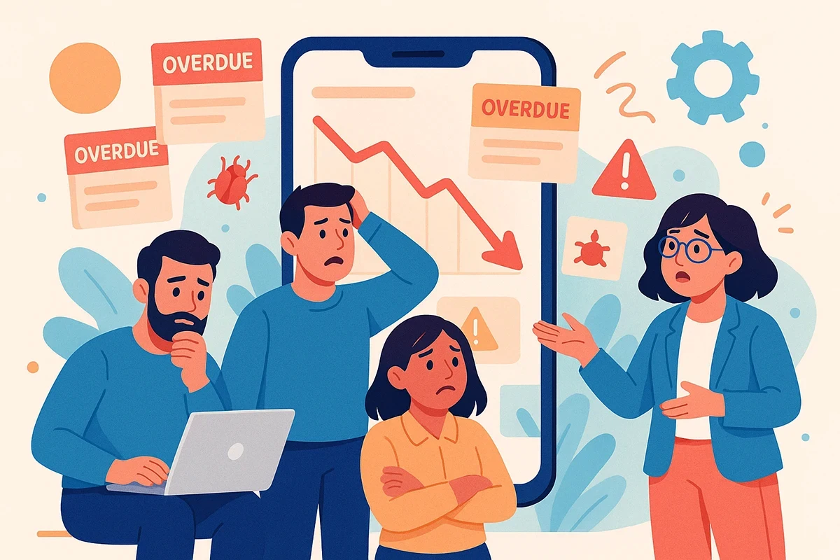 Cartoon illustration of developers and a manager worried around a smartphone screen with downward graphs, bug icons and overdue tasks, showing project trouble.